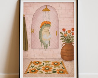 Funny Frog Bathroom Wall Art Printable, Retro Shower Frog Illustration, Whimsical Bathroom Decor, Vintage Style, Digital Download
