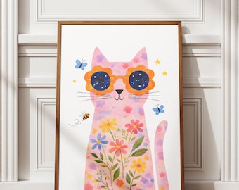 Cute Cat Wall Art Print, Floral Cat with Glasses, Kids Room Decor, Playroom & Nursery Printable Poster, Whimsical Animal Poster, Digital