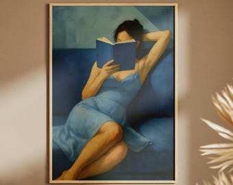 Woman Reading Wall Art, Book Lover Print, Blue Bedroom Poster, Digital Download