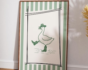 Cowboy Goose Wall Art Printable, Western Duck Poster, Cute Silly Goose Decor, Green Striped Nursery Art, Rustic Vintage Cowboy Artwork