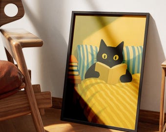 Black Cat Reading Print, Cozy Cat in Bed Poster, Book Lover Wall Art, Cute Cat Illustration, Bedroom Decor, Digital Download