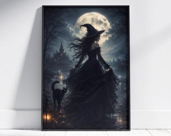 Op de afbeelding: Een ingelijste muurkunstprint met een figuur in een lange zwarte jurk en een puntmuts in een donker landschap. Een zwarte kat loopt in de buurt, met een grote volle maan, een kasteel in de verte en lichtjes in de nachtscène.