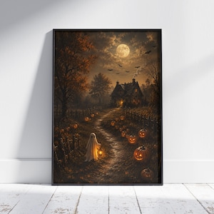 May include: A framed wall art print depicting a nighttime scene with a full moon, a dark house, and a small ghost figure holding a glowing lantern. The path leading to the house is lined with numerous orange jack-o'-lanterns and silhouettes of bats.