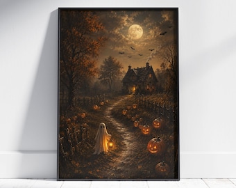 Fantasma a la luz de la luna, Noche en el campo de calabazas, Sendero de cabaña embrujada, Arte mural otoñal espeluznante, Sin marco