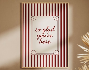 Red Stripe Welcome Sign Print, So Glad You're Here Entryway Wall Art, Digital Download