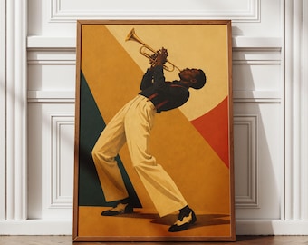 Póster de músico de jazz, arte retro de trompetista, decoración de pared afrocéntrica de mediados de siglo, pintura de cultura negra, lámina para sala de música, sin marco.