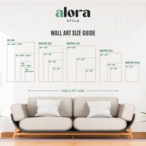 Op de afbeelding: Een wandschilderij-maattabel met de tekst "alora STYLE WALL ART SIZE GUIDE". De gids toont verschillende beeldverhoudingen en maten, waaronder A1-A4, 2:3, 4:5, 3:4 en 11:14. Onderaan is een bank van 188 cm breed afgebeeld.