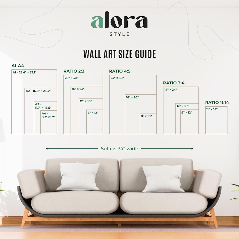 Op de afbeelding: Een wandschilderij-maattabel met de tekst "alora STYLE WALL ART SIZE GUIDE". De gids toont verschillende beeldverhoudingen en maten, waaronder A1-A4, 2:3, 4:5, 3:4 en 11:14. Onderaan is een bank van 188 cm breed afgebeeld.