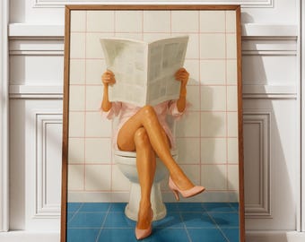 バスルームの壁アートプリント、新聞を読む女性（ハイヒールを履いた女性）、レトロシックなイラスト、フェミニンなトイレポスター、デジタルダウンロード