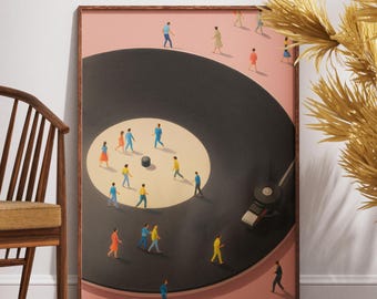 Płyta winylowa z nadrukiem przedstawiającym malutkie ludziki, plakat z gramofonem w stylu retro, minimalistyczna dekoracja ścienna z motywem muzycznym, cyfrowe pobieranie w stylu Mid-Century