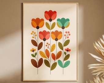 Mid Century Floral Wall Art Print, Retro Scandinavian Flower Poster, Minimalist Botanical Decor, Colorful Modern Home Art, Digital Download