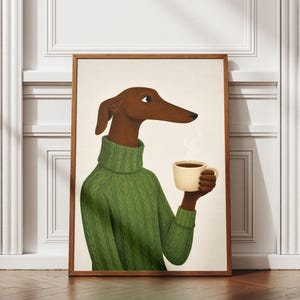 Impresión de arte mural con un perro y un café, ilustración de un galgo con un suéter acogedor, decoración escandinava moderna para el hogar, arte imprimible