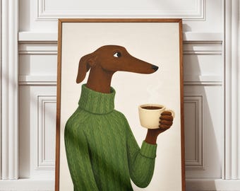 Whimsical Dog Coffee Wall Art Print, Cozy Sweater Greyhound Illustration, Modern Scandinavian Home Decor, Printable Art
