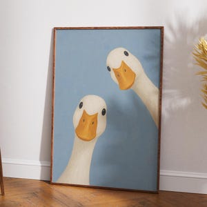 Póster de dúo de patos, divertida lámina decorativa azul estilo granja, arte mural minimalista de animales, sin marco.