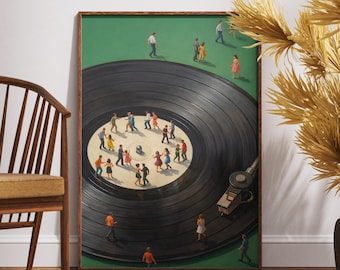 Vintage Vinyl Record Player Wall Art Print, Retro Turntable Dancers Poster, Mid Century Music Decor, Music Lover Gift, Digital Download