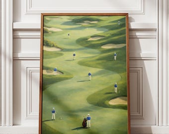 Minimalist Golf Print, Tiny Golfers Wall Art, Abstract Green Golf Course Poster, Vintage Style Sports Decor, Digital Download