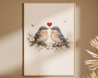 Impression d'oiseaux d'amour, art mural couple d'oiseaux, cadeau romantique pour la Saint-Valentin, téléchargement numérique