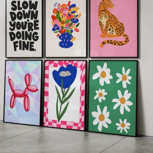 May include: Six framed art prints with colorful illustrations. One print reads "SLOW DOWN YOU'RE DOING FINE." Other prints feature a floral arrangement, a leopard, a balloon animal, a blue flower, and daisies.