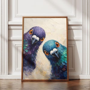 Impresión de arte mural de paloma, pintura de pájaro divertido, póster de animal peculiar, descarga digital