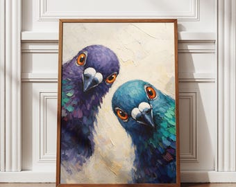 Pigeon Wall Art Print, Funny Bird Painting, Quirky Animal Poster, Digital Download
