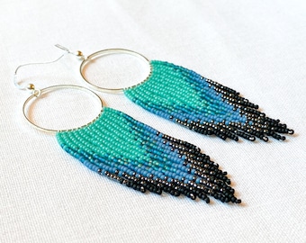 Blue Birds | Circle Drops Handwoven Beaded Fringe Earrings