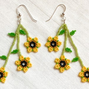 Sunflowers | Handwoven Beaded Flower Dangle Earrings | Huichol Inspired Earrings