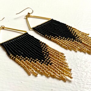 Black and Gold Sparkles | Handwoven Beaded Fringe Earrings