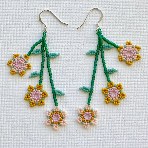 Peaches | Handwoven Beaded Flower Dangle Earrings | Huichol Inspired Earrings