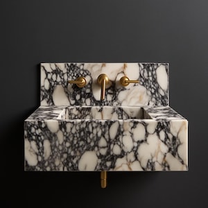 Calacatta Viola Marble Sink and Backsplash | Wall Mounted Luxury Handmade Stone Basin