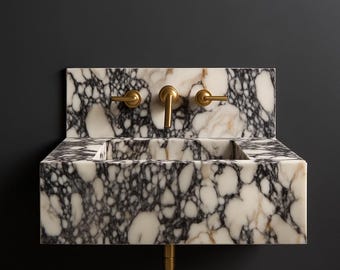 Lavabo y protector contra salpicaduras de mármol Calacatta Viola / Lavabo de piedra de lujo hecho a mano para montar en la pared