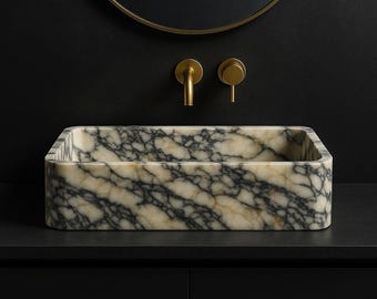 Lavabo de mármol Calacatta Viola, de pared o sobre encimera, piedra de lujo hecha a mano, baño moderno.