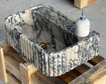 Lavabo mural de mármol Calacatta, lavabo de piedra a medida, pieza de baño de lujo