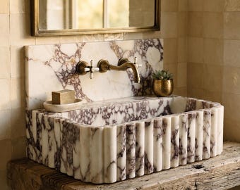 Calacatta Viola Marble Sink With Backsplash – Handmade Wall Mounted Basin