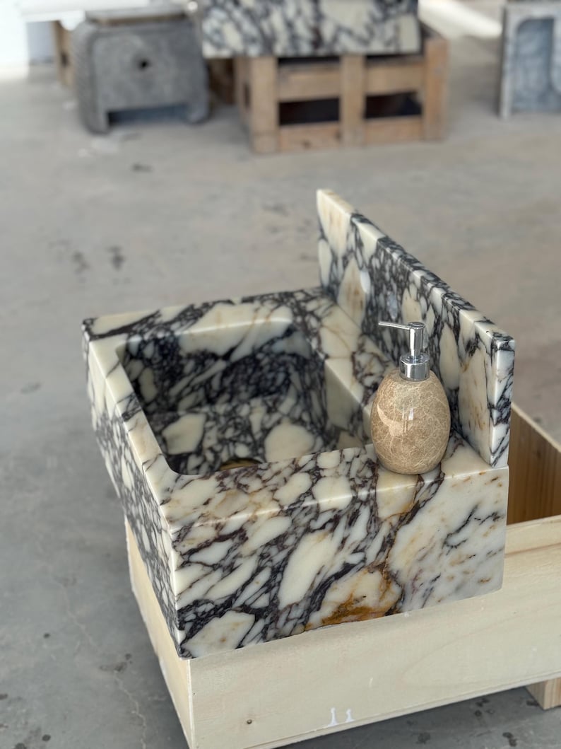 Calacatta Viola Marble Sink and Backsplash | Wall Mounted Luxury Handmade Stone Basin image 12