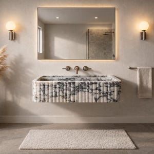 Wall Mounted Fluted Marble Sink | Handmade Natural Stone Bathroom Vanity | Calacatta Viola Basin