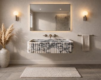 Lavabo mural de mármol estriado / Lavabo de baño de piedra natural hecho a mano / Calacatta Viola