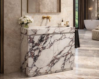 Calacatta Viola Marble Bathroom Vanity, Luxury Stone Basin Cabinet, Freestanding Washstand