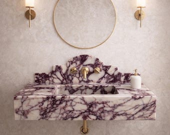 Lavabo con revestimiento de mármol Calacatta Viola – Mueble de baño de lujo suspendido – Lavabo de piedra natural hecho a mano