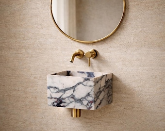 Lavabo de mármol Calacatta Viola, lavabo de baño de lujo hecho a mano, de montaje en pared, tamaño personalizado.