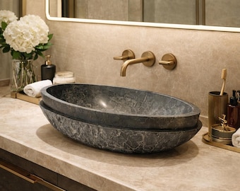 Lavabo artesanal de mármol negro, lavabo de baño de piedra natural de lujo con forma de barco.