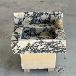 Calacatta Viola Marble Sink and Backsplash | Wall Mounted Luxury Handmade Stone Basin image 5