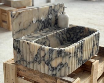 Lavabo de mármol Calacatta Viola con protector contra salpicaduras – Lavabo mural hecho a mano – Decoración de baño de lujo