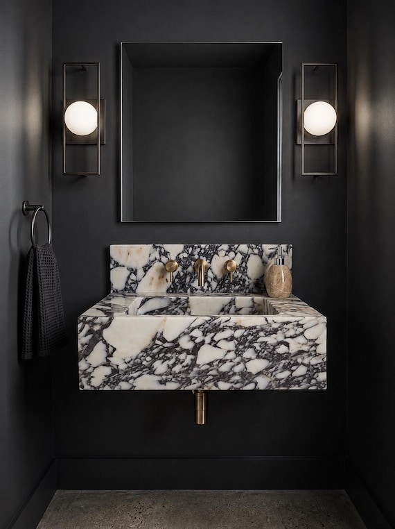 Calacatta Viola Marble Sink and Backsplash | Wall Mounted Luxury Handmade Stone Basin