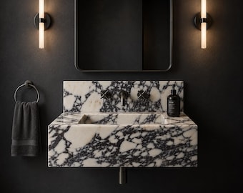 Calacatta Viola Marmor Waschbecken und Aufkantung | An der Wand befestigtes luxuriöses handgemachtes Steinbecken