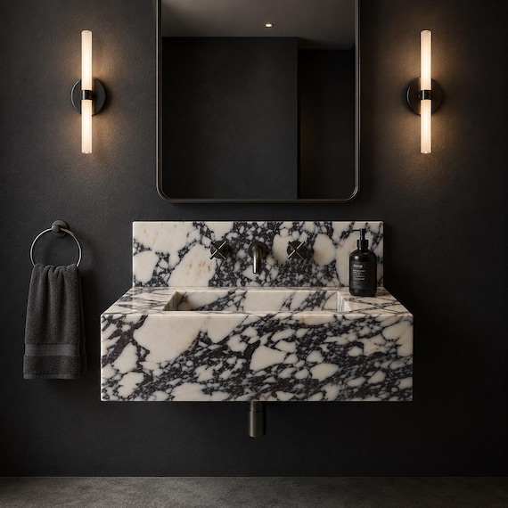 Calacatta Viola Marble Sink and Backsplash | Wall Mounted Luxury Handmade Stone Basin