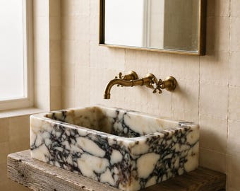 Calacatta Viola Marble Sink , Wall Mounted or Countertop Basin , Luxury Handmade Stone , Modern Bathroom