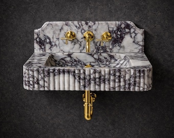 Lavabo de mármol de pared con protector contra salpicaduras – Lavabo de baño de lujo hecho a mano – Lavabo de piedra Calacatta Viola