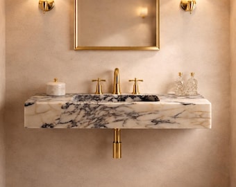 Lavabo de mármol Calacatta Viola para montaje en pared, lavabo flotante de lujo