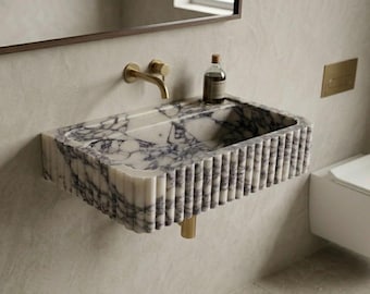 Lavabo mural de mármol Calacatta Viola, lavabo de baño de lujo hecho a mano, lavabo de piedra a medida.