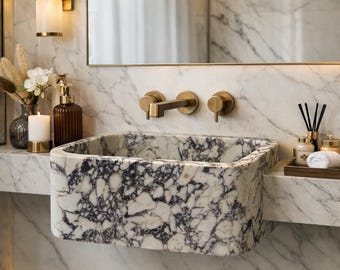 Lavabo de mármol Calacatta Viola, tocador de pared hecho a mano, lavabo de piedra natural